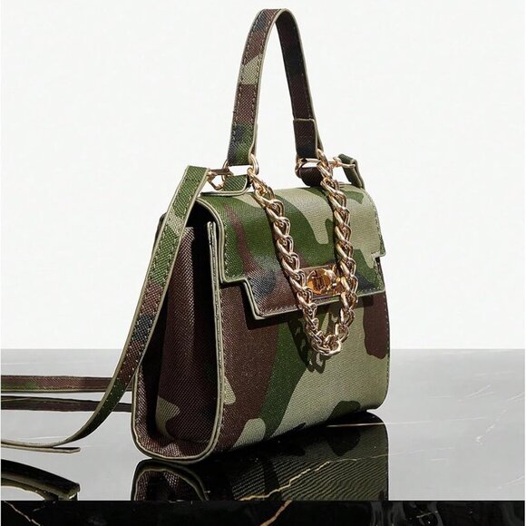 Women's Polyester Camo Flap Square Bag with Chain Strap Top Handle Crossbody - Picture 6 of 7